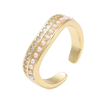 Rack Plating Brass Micro Pave Cubic Zirconia Open Cuff Rings for Women, with ABS Imitation Pearl, Cadmium Free & Lead Free, Long-Lasting Plated, Real 18K Gold Plated, 5.5mm, Adjustable 