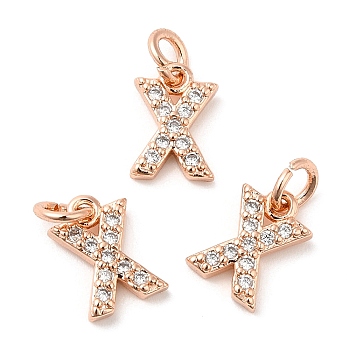 Brass Micro Pave Grade AAA Cubic Zirconia Charms, Letter X, Cadmium Free & Nickel Free & Lead Free, Real Rose Gold Plated, 8x6x1.5mm, Hole: 2mm