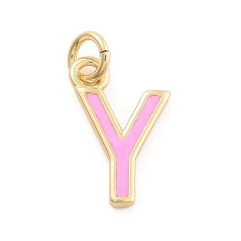 Rack Plating Brass Pendants, with Enamel and Jump Ring, Cadmium Free & Lead Free, Long-Lasting Plated, Real 18K Gold Plated, Letter, Letter Y, 12x7.5x1mm, Hole: 2.5mm