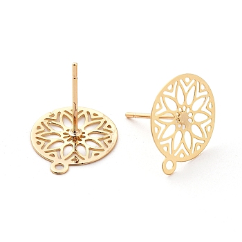 Brass Stud Earring Findings, with Loop, Flat Round with Flower, Real 18K Gold Plated, 14.5x12.5mm, Hole: 1.2mm, pin: 0.6mm