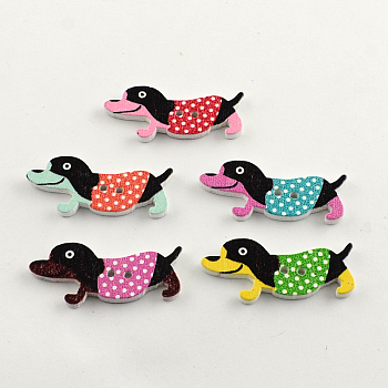 2-Hole Puppy Printed Wooden Buttons, Sausage Dog/Dachshund, Mixed Color, 16x35x2mm, Hole: 2mm