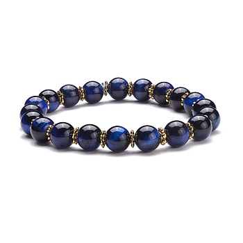 Natural Tiger Eye Round Beads Stretch Bracelet, Stone Bracelet with Alloy Daisy Spacer Beads for Women, Golden, Prussian Blue, Inner Diameter: 2 inch(5.2cm)