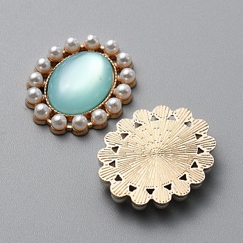 Cat Eye Cabochons, with Alloy Finding and Plstic Imitation Pearl Beads, Oval, Aqua, 27.5x23x5mm