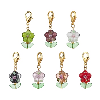 Flower Handmade Lampwork Pendant Decorations, with Glass Beads and Alloy Lobster Claw Clasps, Mixed Color, 42mm