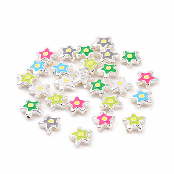 Alloy Enamel Beads, Silver, Star, Mixed Color, 10x10~10.5x3.7~4mm, Hole: 1.2~1.4mm