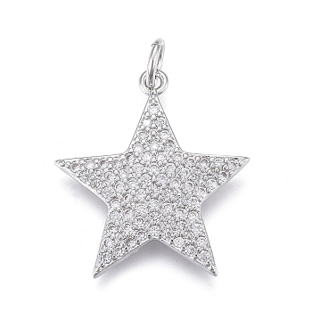 Brass Micro Pave Clear Cubic Zirconia Pendants, Long-Lasting Plated, Star, Real Platinum Plated, 20x19x2mm, Jump Rings: 5x1mm, Inner Diameter: 3mm