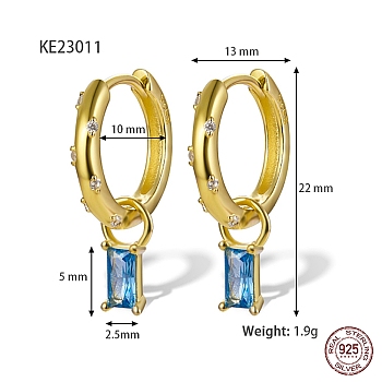 Real 18K Gold Plated 925 Sterling Silver Dangle Hoop Earrings, Rectangle Cubic Zirconia Drop Earrings, with S925 Stamp, Cornflower Blue, 22x13mm