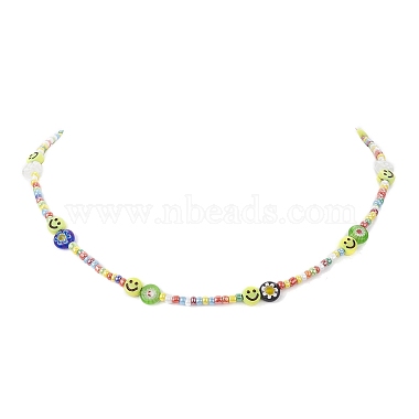 Flower & Smile Face Acrylic & Seed Beaded Necklace for Women(NJEW-JN04303)-4