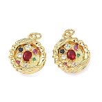Brass Micro Pave Cubic Zirconia Pendants, Flat Round Charms, Real 16K Gold Plated, Red, 20x17x4mm, Jump Ring: 5x1mm, Inner Diameter: 3.5mm(KK-F930-24A-G)