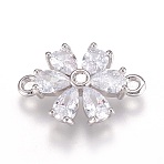 Brass Micro Pave Cubic Zirconia Links, Lead Free & Cadmium Free, Flower, Clear, Platinum, 14.5x20x4mm, Hole: 1.8mm(ZIRC-F087-10P-RS)