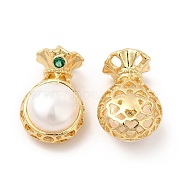 Natural Pearl Pendants, Money Bag Charms, with Brass Pave Green Cubic Zirconia, Real 14K Gold Plated, 19x11x9.5mm, Hole: 2mm(KK-I697-34G)