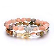 Natural Mixed Stone Beaded Stretch Bracelets Set, with Brass Micro Pave Cubic Zirconia Beads, Mixed Color, 2-1/4 inch(5.7cm), 2pcs/set(SJEW-H584-17)