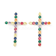 Brass Micro Pave Cubic Zirconia Big Pendants, Real 18K Gold Plated, Cross Charm, Religion, Colorful, 56x36.5x4mm, Hole: 2.7x4mm(KK-G463-02G)