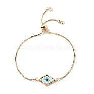Japanese Seed Braided Rhombus with Evil Eye Link Slider Bracelet, Cubic Zirconia Tiny Charms Adjustable Bracelet with Brass Box Chains for Women, Rhombus Pattern, Inner Diameter: 5/8~2-3/4 inch(1.5~7.1cm)(BJEW-MZ00001-01)