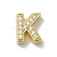 Brass Micro Pave Cubic Zirconia Beads, Lead Free & Cadmium Free, Long-Lasting Plated, Real 18K Gold Plated, Letter K, 12x10.5x5mm, Hole: 8.5x2mm(KK-H487-25G-11)