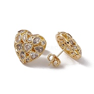 Clear Cubic Zironia Heart Stud Earrings, Rack Plating Brass Jewelry for Women, Lead Free & Cadmium Free, Real 18K Gold Plated, 15x16mm, Pin: 0.7mm(EJEW-F294-06G)