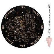 AHADEMAKER 1Pc Wood Pendulum Board, 1Pc 304 Stainless Steel Cable Chain Necklaces, 1Pc Natural Rose Quartz Stone Pendants, for Witchcraft Wiccan Altar Supplies, Angel & Fairy Pattern, Board: 200x4mm(DIY-GA0005-14B)