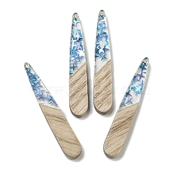 Wooden Pendants, Resin and Gold Foil, Teardrop, Deep Sky Blue, 44x7.5x4mm, Hole: 1.5mm(FIND-B042-03A)