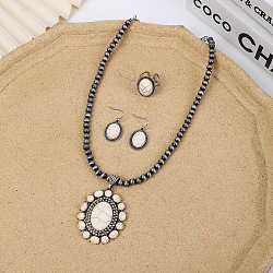 Bohemian Style Oval Alloy & Synthetic Turquoise Pendant Necklaces & Dangle Earrings & Cuff Rings Sets, Antique Silver, White, 400mm(FS-WG676BC-01)