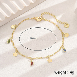 Fashionable Brass with Colorful Cubic Zirconia Charm Anklets for Beach Vacation, Flower & Teardrop, Golden, 8-1/4 inch(21cm)(DW9397)