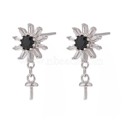 925 Sterling Silver Stud Earring Findings, with Cubic Zirconia, For Half Drilled Beads, Flower, Colorful, Platinum, 17x8mm, Pin: 0.5mm(STER-L057-072P)