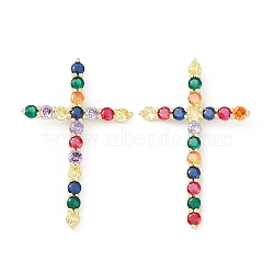 Brass Micro Pave Cubic Zirconia Big Pendants, Real 18K Gold Plated, Cross Charm, Religion, Colorful, 56x36.5x4mm, Hole: 2.7x4mm(KK-G463-02G)