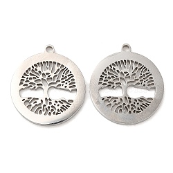 316L Surgical Stainless Steel Pendants, Laser Cut, Flat Round with Tree of Life Charms, Stainless Steel Color, 20x18x1mm, Hole: 1.4mm(STAS-F297-21P)