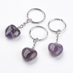 Natural Amethyst Keychain, with Platinum Iron Findings, Heart, 72mm(KEYC-F019-02C)