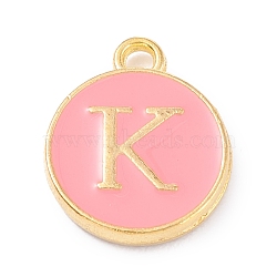 Golden Plated Alloy Enamel Charms, Enamelled Sequins, Flat Round with Alphabet, Letter.K, Pink, 14x12x2mm, Hole: 1.5mm(ENAM-Q437-14K)