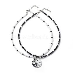 2Pcs 2 Colors Alloy Enamel Gossip/Yin Yang Matching Pendant Necklaces Set, Acrylic Beaded Couple Necklaces for Women, Black and White, 15.94 inch(40.5cm), 1Pc/color(NJEW-JN04089)
