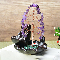 Natural Amethyst Chips Tree of Life Decorations, Backflow Incense Holder with Copper Wire Feng Shui Energy Stone Gift for Women Men Meditation, 130~150mm(DJEW-PW0013-16B)