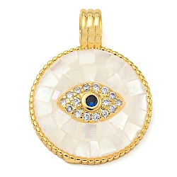 Rack Plating Brass Micro Pave Clear Cubic Zirconia Pendants, Lead Free & Cadmium Free, Long-Lasting Plated, with Shell Flat Round with Eye, Seashell Color, 23.5x18x5.5mm, Hole: 4.5mm(KK-Z063-14G-02)