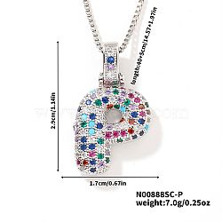 Brass Pave Colorful Cubic Zirconia Letter Pendant Box Chain Necklaces, Platinum, Letter P, 15.75 inch(40cm)(NU0575-42)