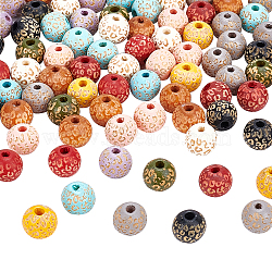 100Pcs 10 Colors Painted Natural Wood Beads, Laser Engraved Pattern, Round with Leopard Print, Mixed Color, 10x8.5mm, Hole: 2.5mm(WOOD-OC0002-08)