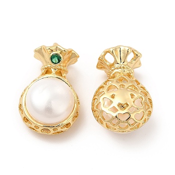 Natural Pearl Pendants, Money Bag Charms, with Brass Pave Green Cubic Zirconia, Real 14K Gold Plated, 19x11x9.5mm, Hole: 2mm