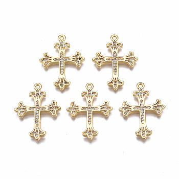 Brass Micro Pave Clear Cubic Zirconia Pendants, Nickel Free, Cross, Real 18K Gold Plated, 26x19x2mm, Hole: 1.2mm