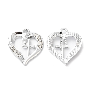 Rack Plating Alloy Crystal Rhinestone Pendants, Heart with Cross Charms, Platinum, 20x17.5x2.5mm, Hole: 1.5mm
