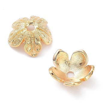 Brass Bead Caps, 5-Petal Flower, Real 18K Gold Plated, 10.5~11x4.5mm, Hole: 1.6mm