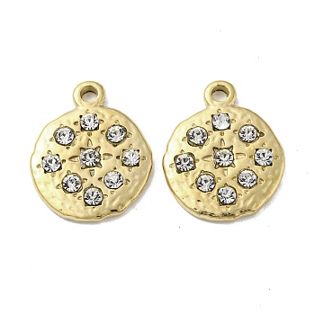 304 Stainless Steel Pendants, with Crystal Rhinestone, Flat Round Charms, Real 14K Gold Plated, 19x15.5x3mm, Hole: 2mm