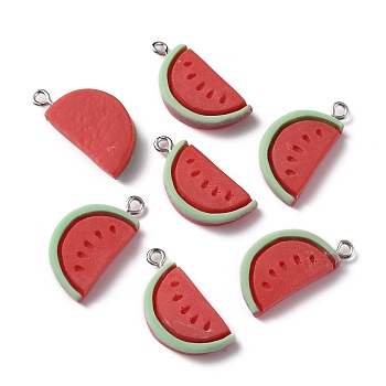 Opaque Resin Pendants, with Platinum Tone Alloy Loops, Watermelon, Red, 25.5x12.5x4mm, Hole: 2mm