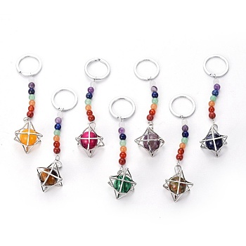 Chakra Jewelry, Mixed Gemstone Keychain, with Iron Findings and Brass Finding, Rhombus, Platinum, 118mm, Pendant: 34x25x29mm