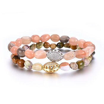 Natural Mixed Stone Beaded Stretch Bracelets Set, with Brass Micro Pave Cubic Zirconia Beads, Mixed Color, 2-1/4 inch(5.7cm), 2pcs/set