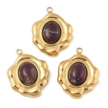 Natural Amethyst Pendants, 304 Stainless Steel Oval Charms, Real 18K Gold Plated, PVD Vacuum Plating, 24x19x7.5mm, Hole: 2mm