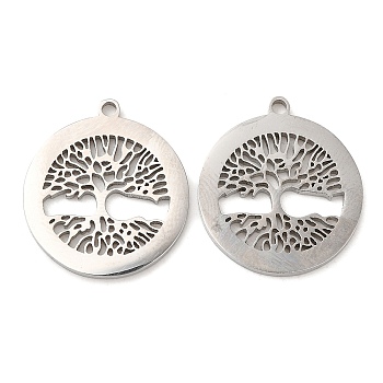 316L Surgical Stainless Steel Pendants, Laser Cut, Flat Round with Tree of Life Charms, Stainless Steel Color, 20x18x1mm, Hole: 1.4mm