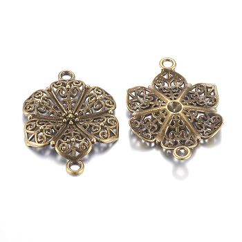Tibetan Style Alloy Links connectors, Flower, Cadmium Free & Nickel Free & Lead Free, Antique Bronze color, about 41mm long, 29mm wide, 2.5mm thick, hole: 3mm