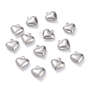 304 Stainless Steel Pendants, Heart, Stainless Steel Color, 13x12x4.6mm, Hole: 1.2mm