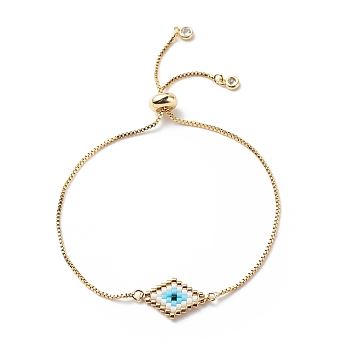 Japanese Seed Braided Rhombus with Evil Eye Link Slider Bracelet, Cubic Zirconia Tiny Charms Adjustable Bracelet with Brass Box Chains for Women, Rhombus Pattern, Inner Diameter: 5/8~2-3/4 inch(1.5~7.1cm)