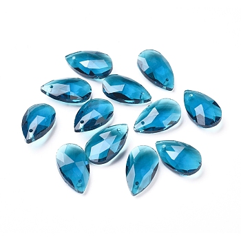 Faceted Glass Pendants, Teardrop, Marine Blue, 15x9.5x5.5mm, Hole: 1mm