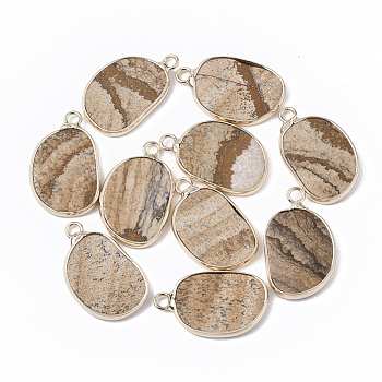 Natural Picture Jasper Pendants, with Golden Tone Brass Open Back Bezel, Oval, 25x15.5x2~3mm, Hole: 2mm