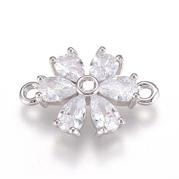 Brass Micro Pave Cubic Zirconia Links, Lead Free & Cadmium Free, Flower, Clear, Platinum, 14.5x20x4mm, Hole: 1.8mm